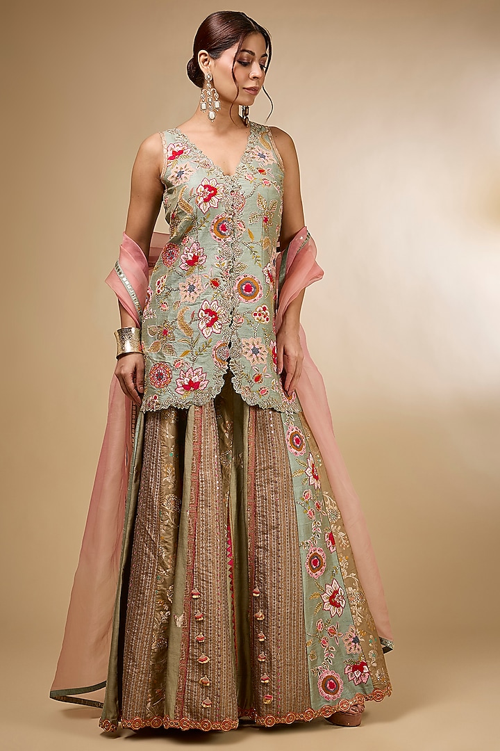 Aqua Silk Zardosi Embroidered Bridal Sharara Set by aum ashima & asit at Pernia's Pop Up Shop
