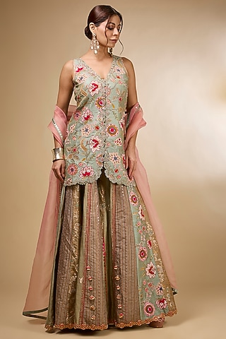 Aqua Silk Zardosi Embroidered Sharara Set by aum ashima & asit