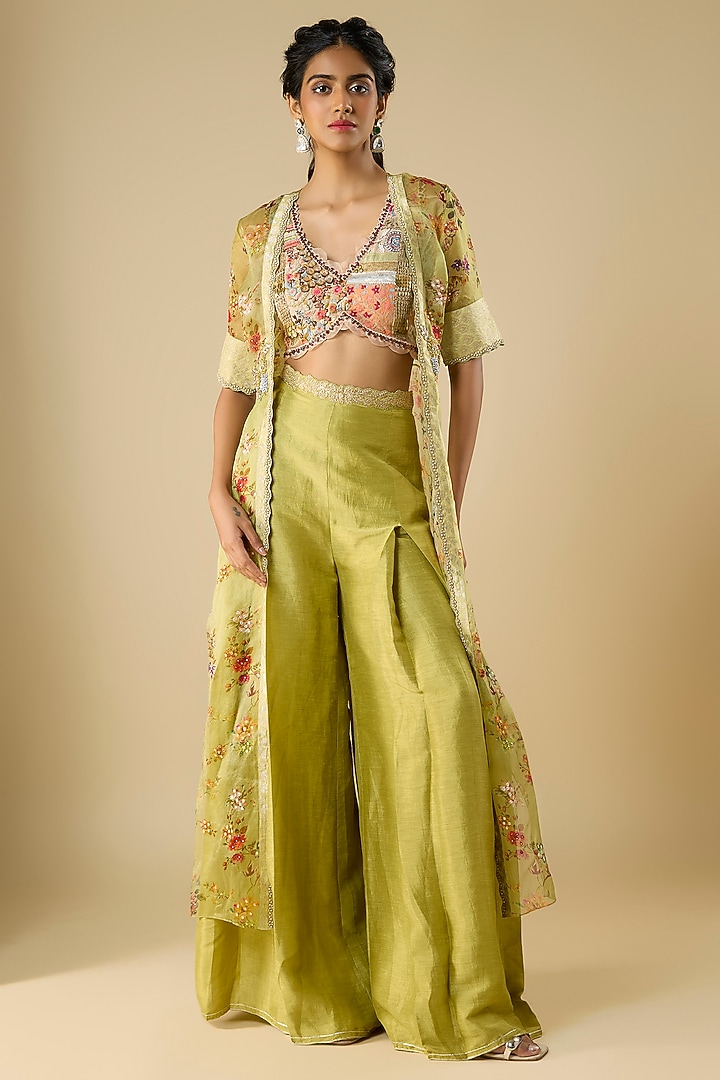Green Silk Palazzo Pant Set by aum ashima & asit at Pernia's Pop Up Shop