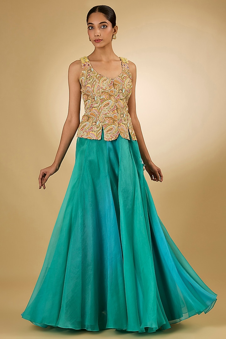 Aqua Silk Skirt Set by aum ashima & asit at Pernia's Pop Up Shop