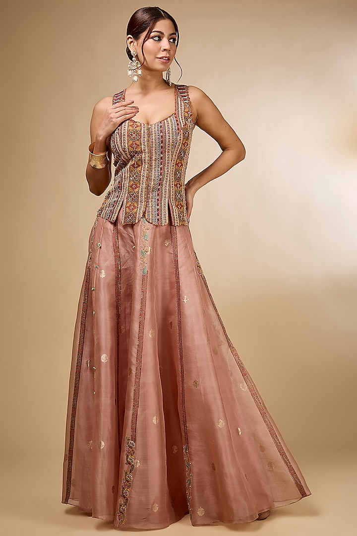 Peach Organza Skirt Set by aum ashima & asit at Pernia's Pop Up Shop