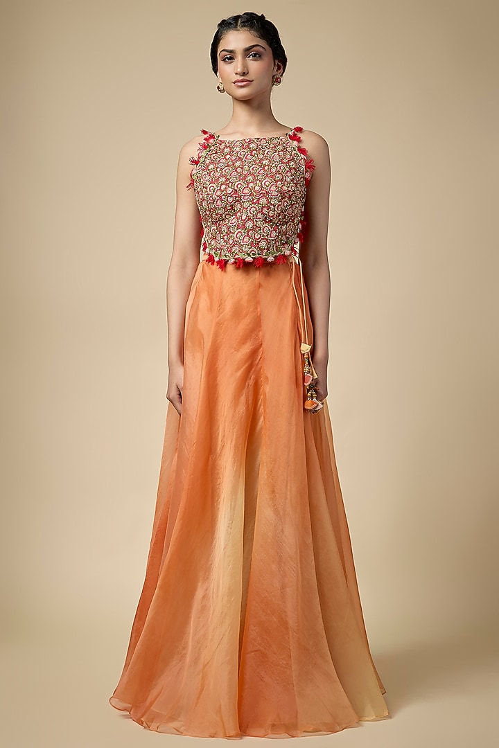 Peach Silk Skirt Set by aum ashima & asit at Pernia's Pop Up Shop