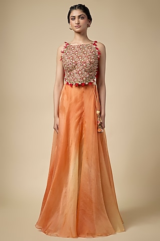 Peach Silk Skirt Set by aum ashima & asit