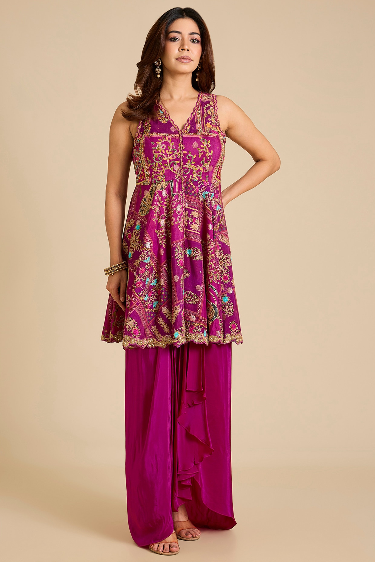 aum ashima & asit Dark Magenta Silk Cotton Printed & Embroidered Kurta Set