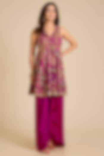 Dark Magenta Silk Cotton Printed & Embroidered Kurta Set by aum ashima & asit at Pernia's Pop Up Shop
