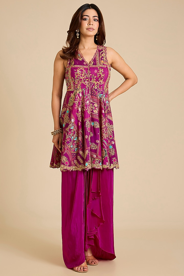 Dark Magenta Silk Cotton Printed & Embroidered Kurta Set by aum ashima & asit at Pernia's Pop Up Shop