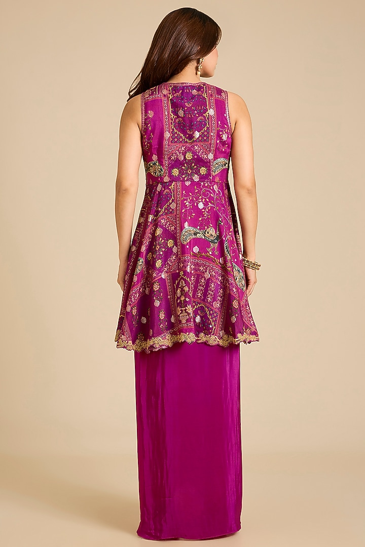 Dark Magenta Silk Cotton Printed & Embroidered Kurta Set by aum ashima & asit at Pernia's Pop Up Shop