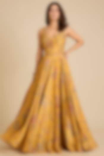 Yellow Satin Floral Printed Skirt Set by aum ashima & asit at Pernia's Pop Up Shop