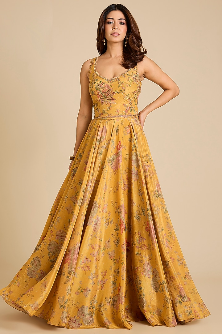 Yellow Satin Floral Printed Skirt Set by aum ashima & asit at Pernia's Pop Up Shop