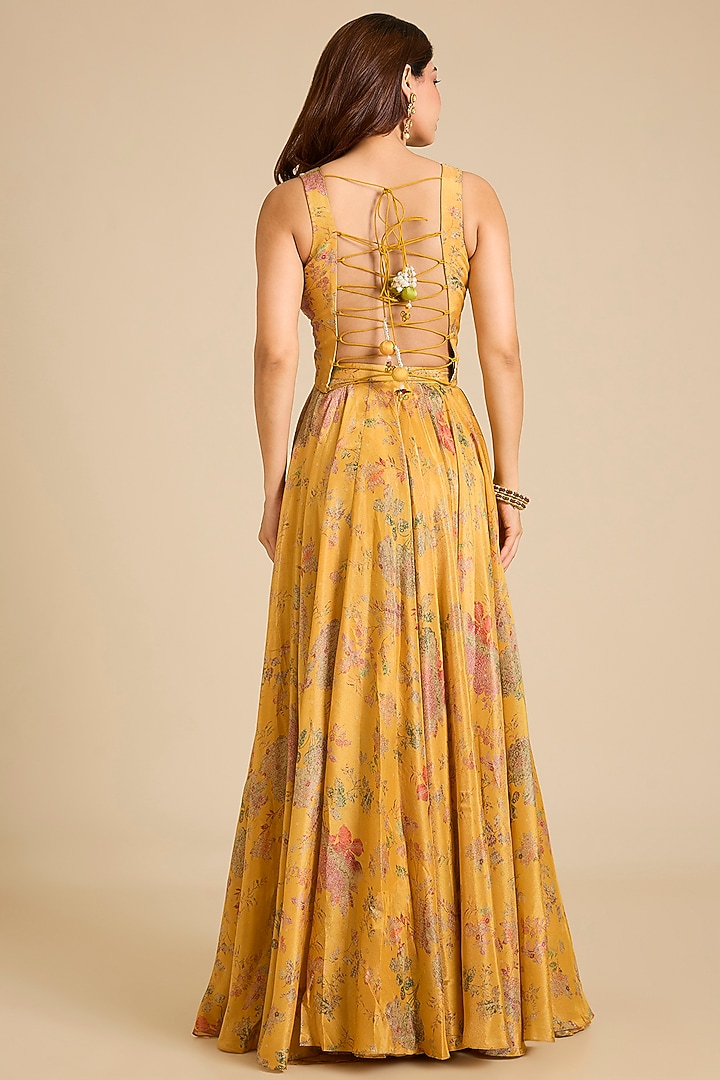 Yellow Satin Floral Printed Skirt Set by aum ashima & asit at Pernia's Pop Up Shop