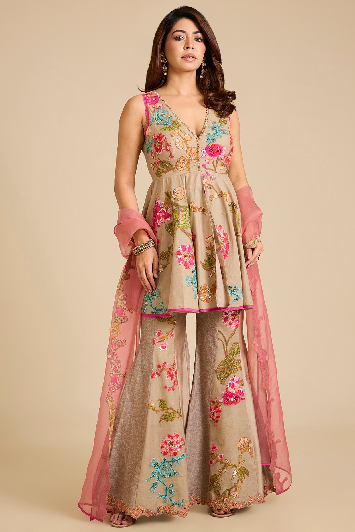 aum ashima & asit Beige Chanderi Silk Sharara Set