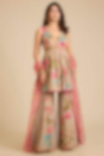Beige Chanderi Silk Bridal Sharara Set by aum ashima & asit at Pernia's Pop Up Shop