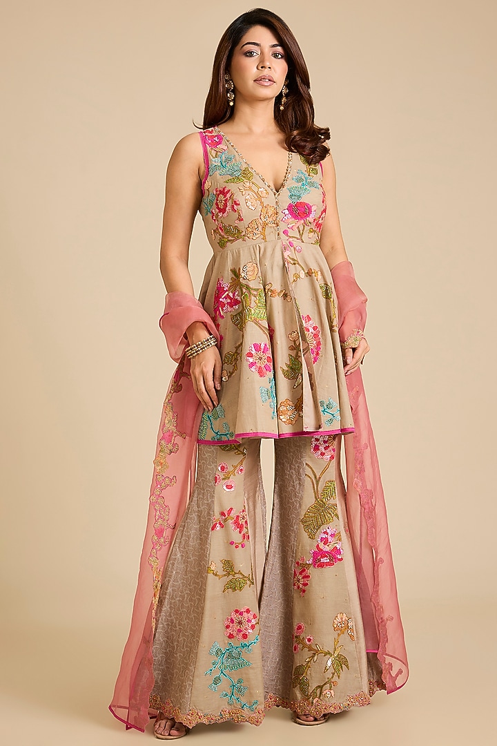 Beige Chanderi Silk Bridal Sharara Set by aum ashima & asit at Pernia's Pop Up Shop