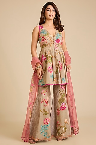 Beige Chanderi Silk Sharara Set by aum ashima & asit