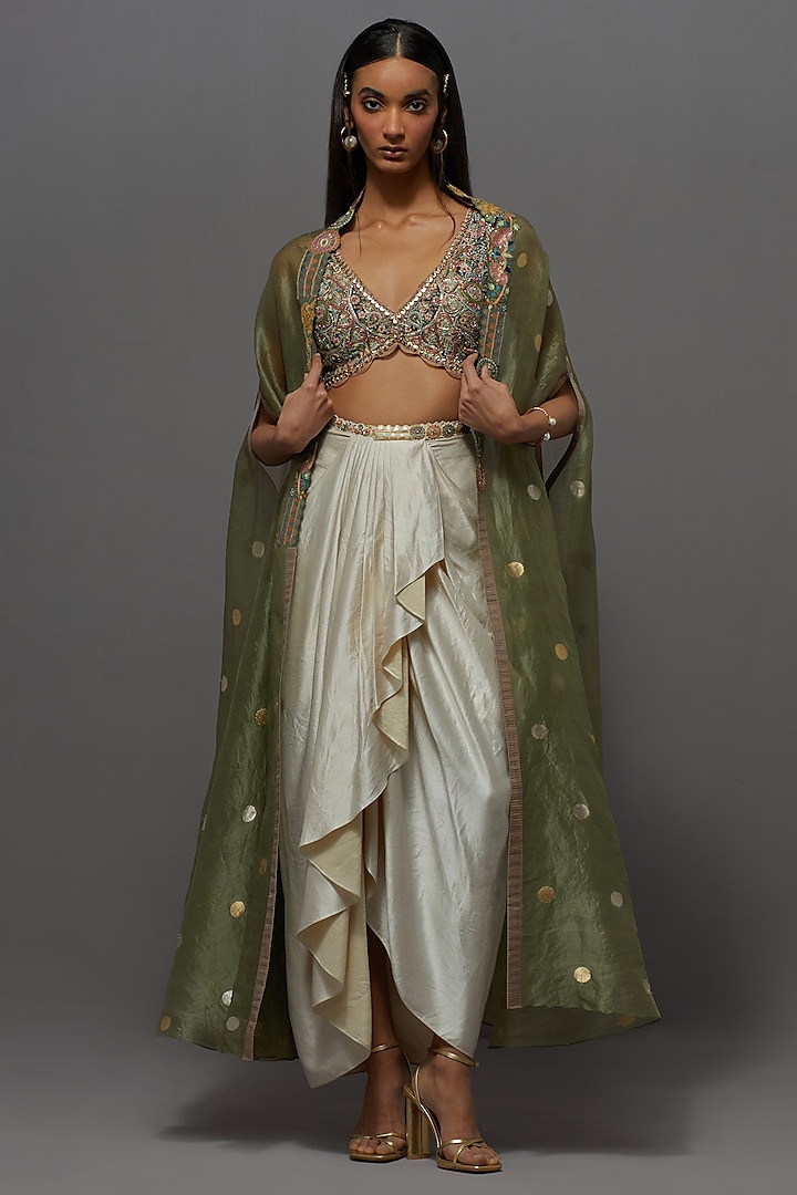 Green Organza Cape Set by aum ashima & asit at Pernia's Pop Up Shop