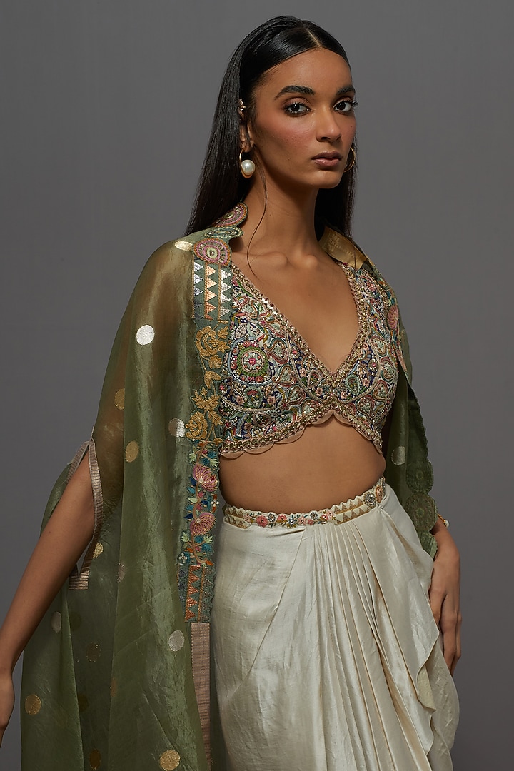 Green Organza Cape Set by aum ashima & asit at Pernia's Pop Up Shop