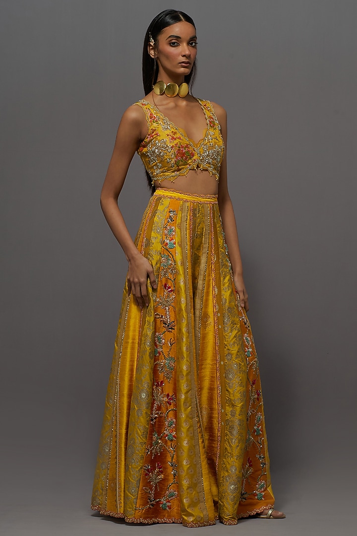 Yellow Silk Embroidered Bridal Sharara Set by aum ashima & asit at Pernia's Pop Up Shop