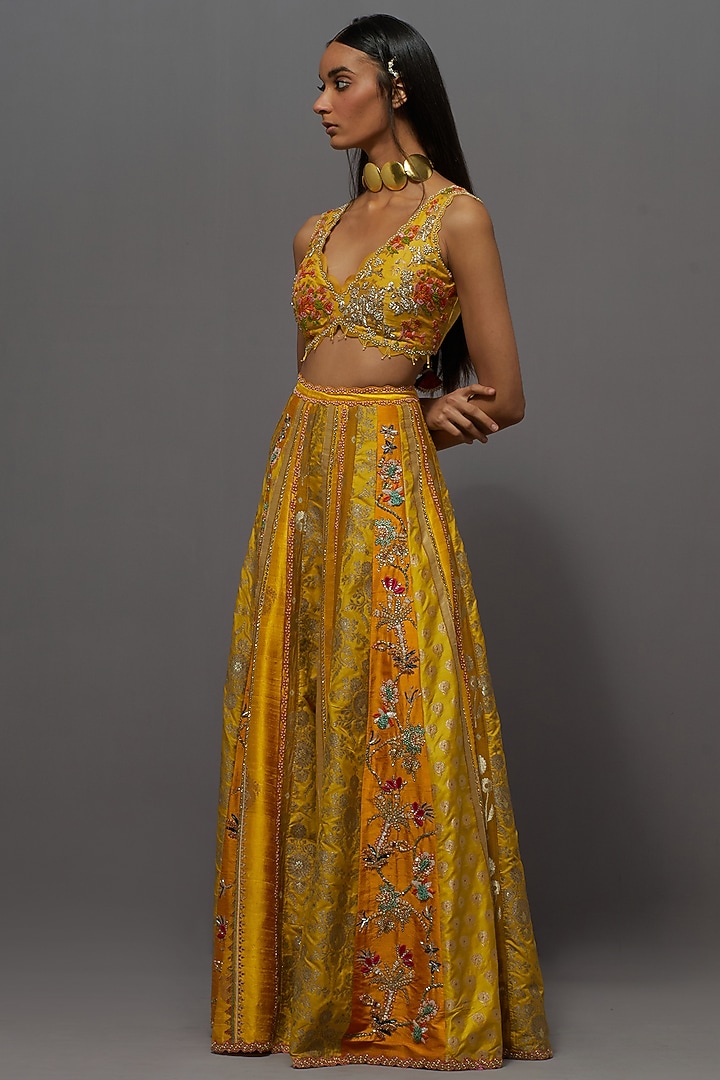 Yellow Silk Embroidered Bridal Sharara Set by aum ashima & asit at Pernia's Pop Up Shop
