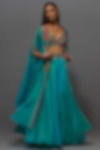 Turquoise Silk Jacket Wedding Lehenga Set by aum ashima & asit at Pernia's Pop Up Shop