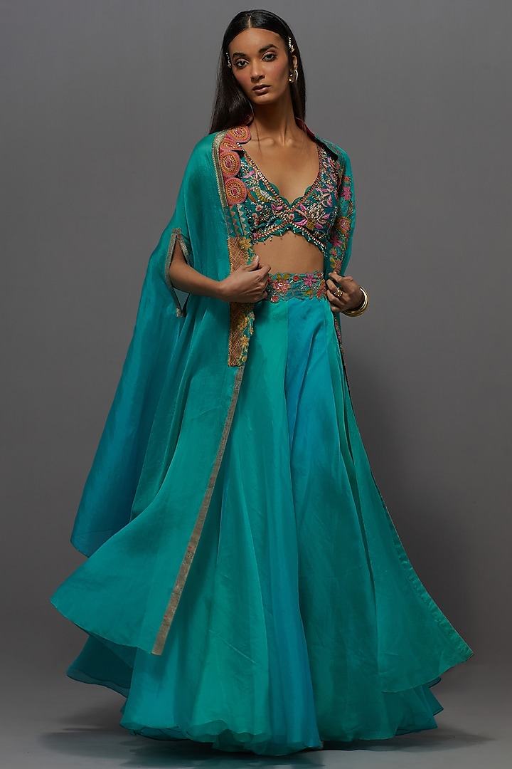 Turquoise Silk Jacket Wedding Lehenga Set by aum ashima & asit at Pernia's Pop Up Shop