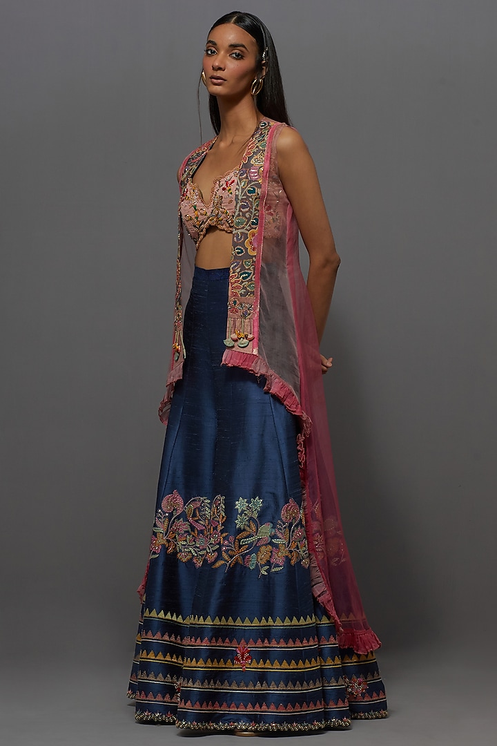 Blue Silk Embroidered Sharara Set by aum ashima & asit at Pernia's Pop Up Shop