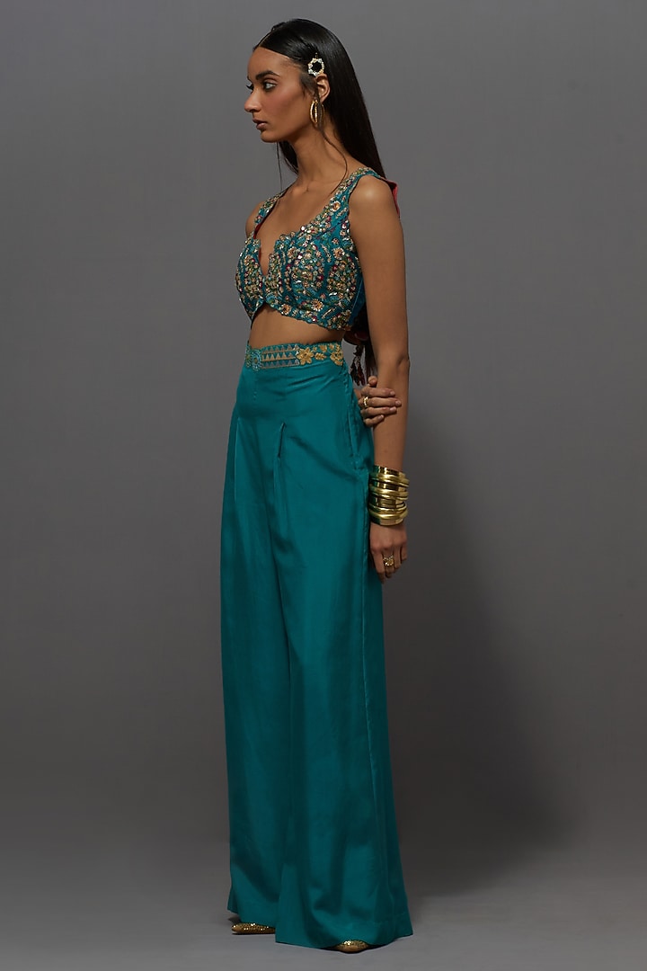 Turquoise Silk Palazzo Pant Set by aum ashima & asit at Pernia's Pop Up Shop