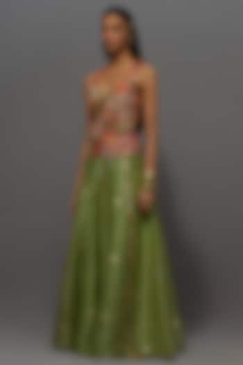 Green Silk & Organza Embroidered Skirt Set by aum ashima & asit at Pernia's Pop Up Shop