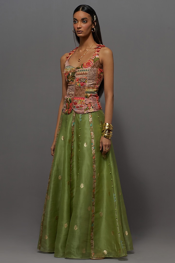 Green Silk & Organza Embroidered Skirt Set by aum ashima & asit at Pernia's Pop Up Shop