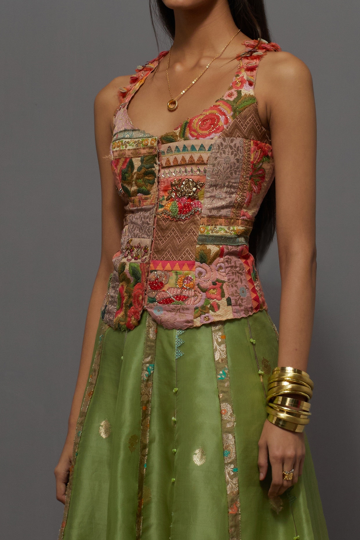 Green Silk & Organza Embroidered Skirt Set by aum ashima