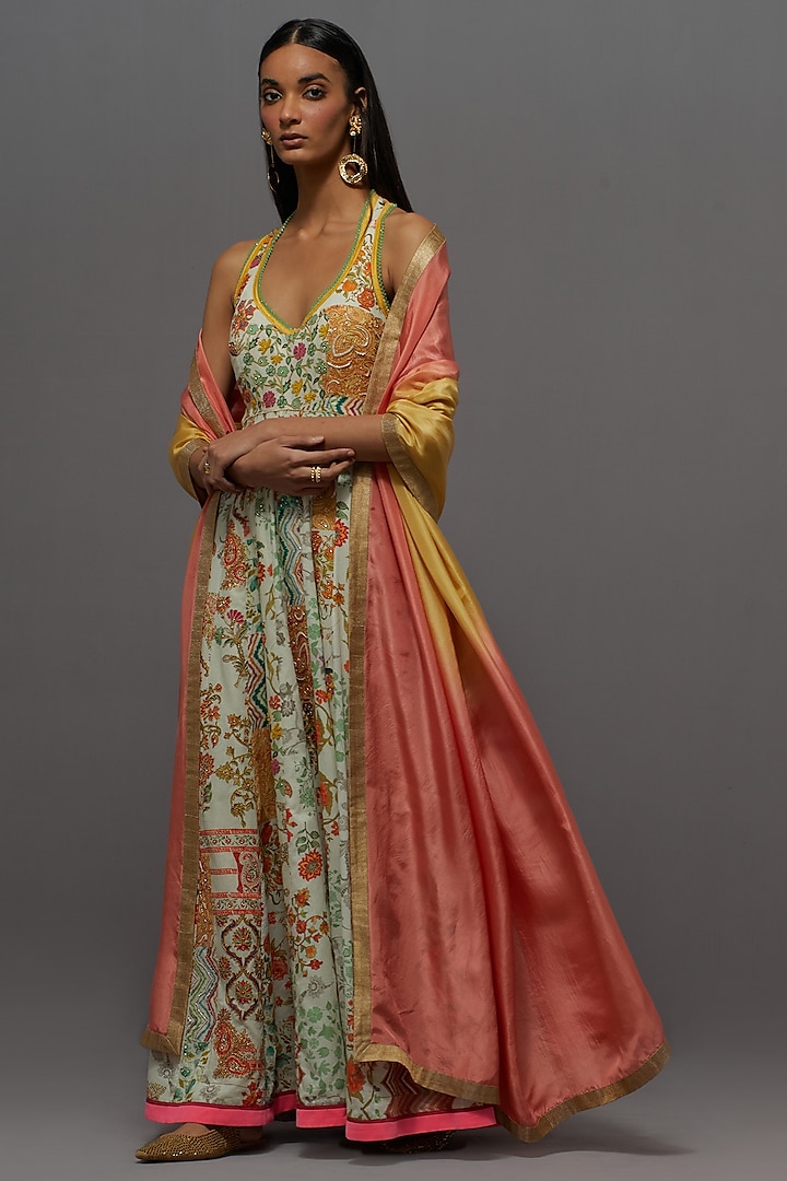 White Cotton Printed & Embroidered Kalidar Wedding Anarkali Set by aum ashima & asit at Pernia's Pop Up Shop