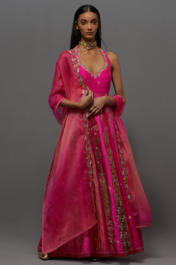 Pink Chanderi Silk Embroidered Kalidar Wedding Anarkali Set by aum ashima & asit at Pernia's Pop Up Shop