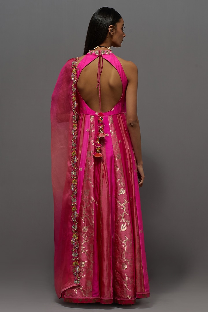 Pink Chanderi Silk Embroidered Kalidar Wedding Anarkali Set by aum ashima & asit at Pernia's Pop Up Shop