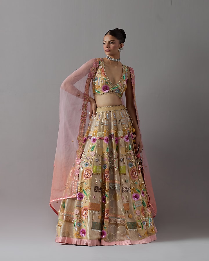 Multi-Colored Raw Silk & Tissue Bridal Lehenga Set by aum ashima & asit at Pernia's Pop Up Shop