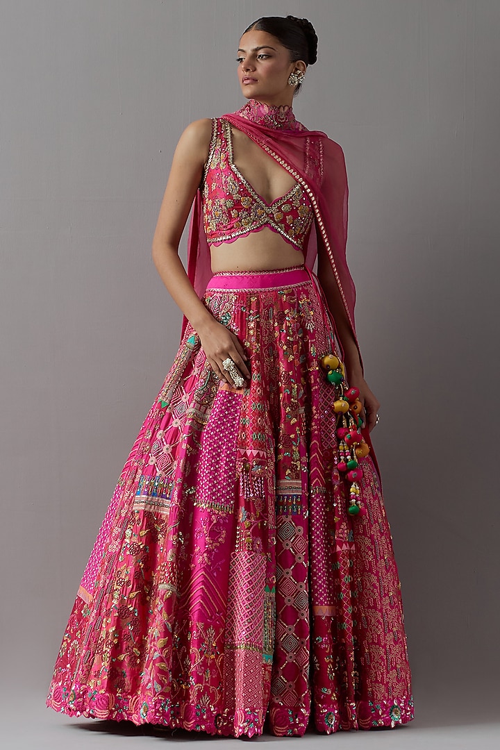 Pink Raw Silk & Banarasi Bridal Lehenga Set by aum ashima & asit at Pernia's Pop Up Shop