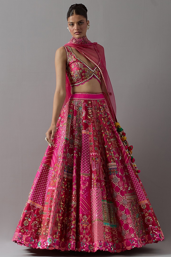 Pink Raw Silk & Banarasi Bridal Lehenga Set by aum ashima & asit at Pernia's Pop Up Shop
