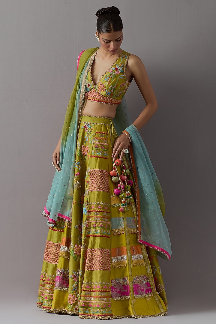 Yellow Raw Silk & Banarasi Bridal Lehenga Set by aum ashima & asit at Pernia's Pop Up Shop