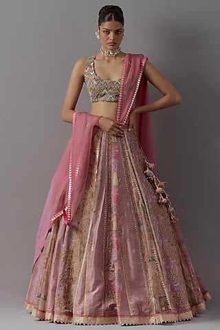 Pink Organza Silk & Banarasi Lehenga Set by aum ashima & asit