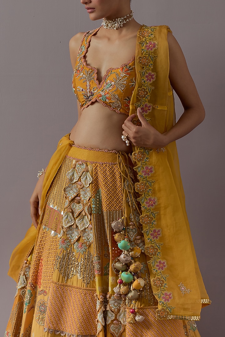 Mustard Silk Brocade & Banarasi Bridal Lehenga Set by aum ashima & asit at Pernia's Pop Up Shop