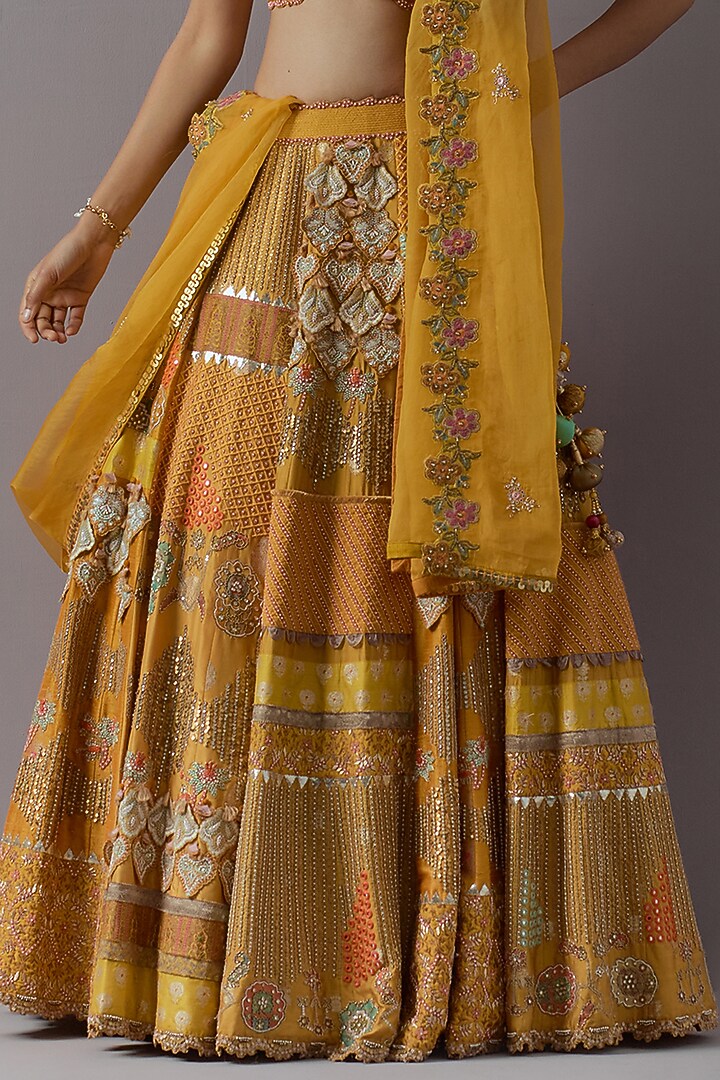 Mustard Silk Brocade & Banarasi Bridal Lehenga Set by aum ashima & asit at Pernia's Pop Up Shop