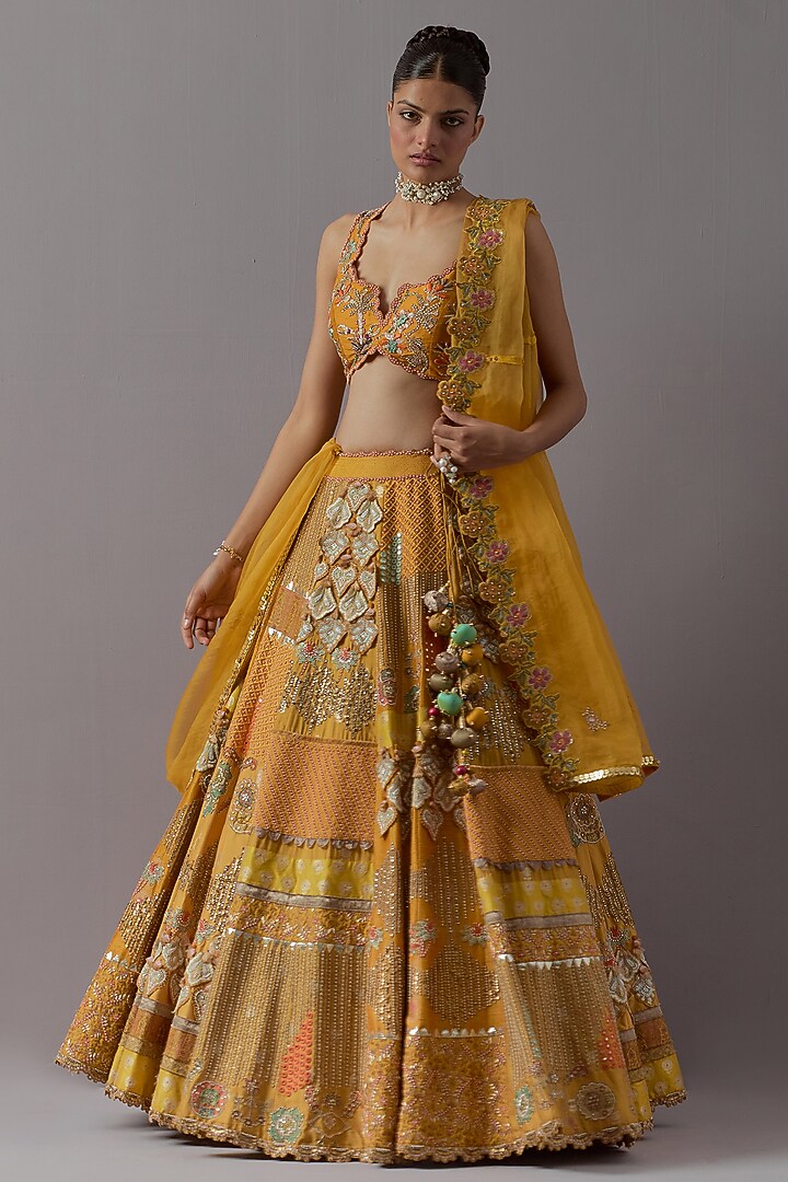 Mustard Silk Brocade & Banarasi Bridal Lehenga Set by aum ashima & asit at Pernia's Pop Up Shop
