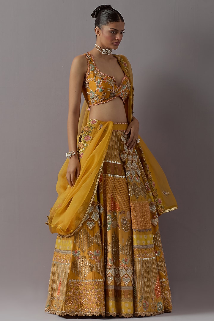 Mustard Silk Brocade & Banarasi Bridal Lehenga Set by aum ashima & asit at Pernia's Pop Up Shop