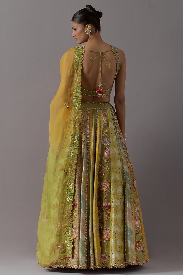 Green Raw Silk & Brocade Bridal Lehenga Set by aum ashima & asit at Pernia's Pop Up Shop