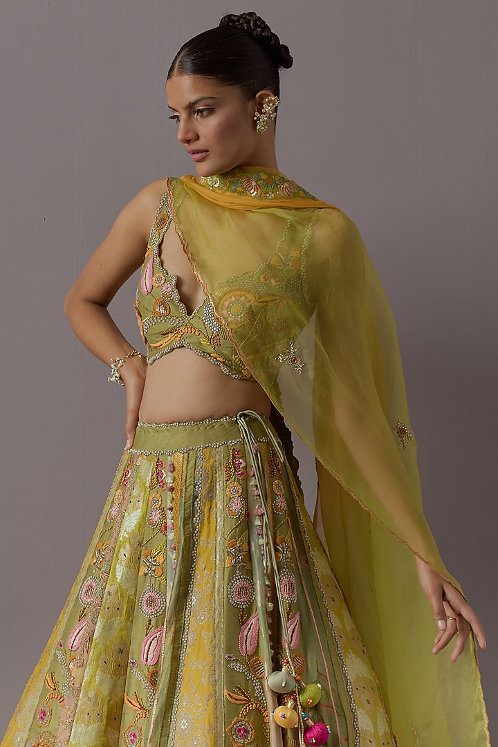 Green Raw Silk & Brocade Bridal Lehenga Set by aum ashima & asit at Pernia's Pop Up Shop