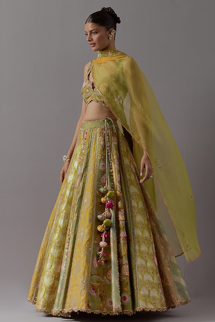Green Raw Silk & Brocade Bridal Lehenga Set by aum ashima & asit at Pernia's Pop Up Shop