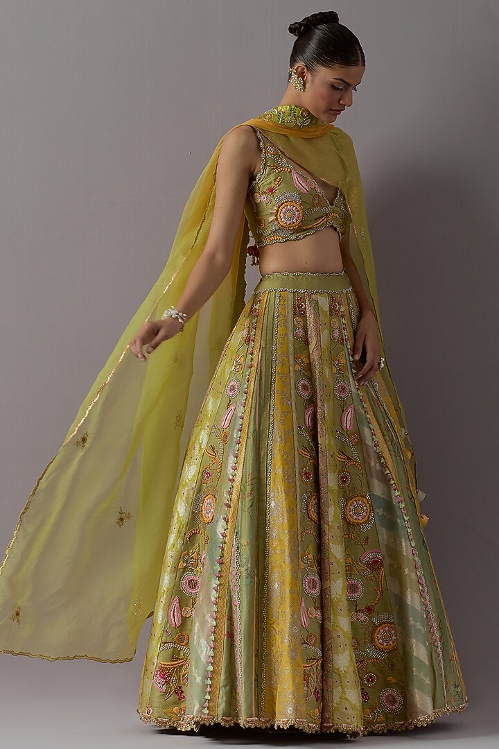 Green Raw Silk & Brocade Bridal Lehenga Set by aum ashima & asit at Pernia's Pop Up Shop