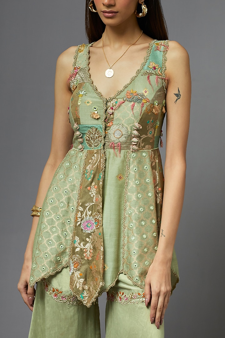 Green Silk Palazzo Pants Set by aum ashima & asit at Pernia's Pop Up Shop