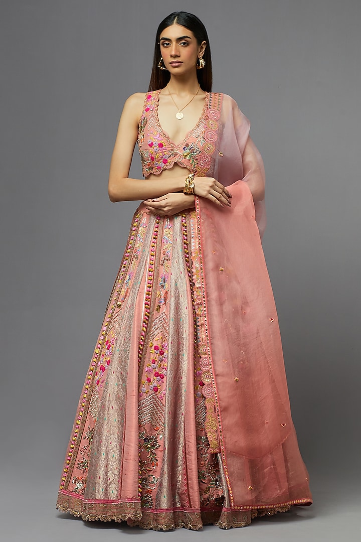 Peach Silk Bridal Lehenga Set by aum ashima & asit at Pernia's Pop Up Shop