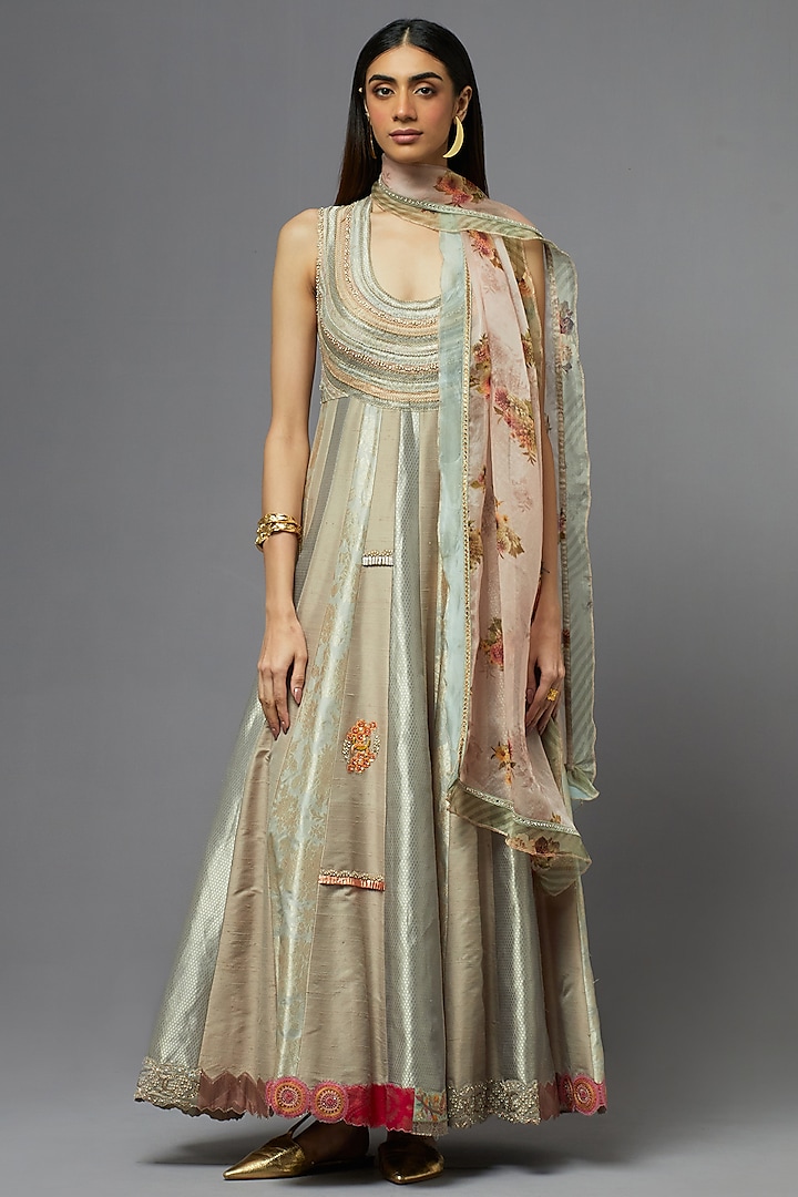 Grey Silk Wedding Anarkali Set by aum ashima & asit at Pernia's Pop Up Shop