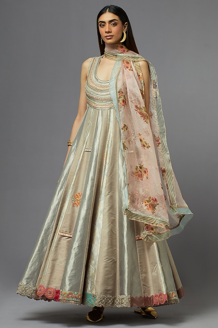 Grey Silk Wedding Anarkali Set by aum ashima & asit at Pernia's Pop Up Shop