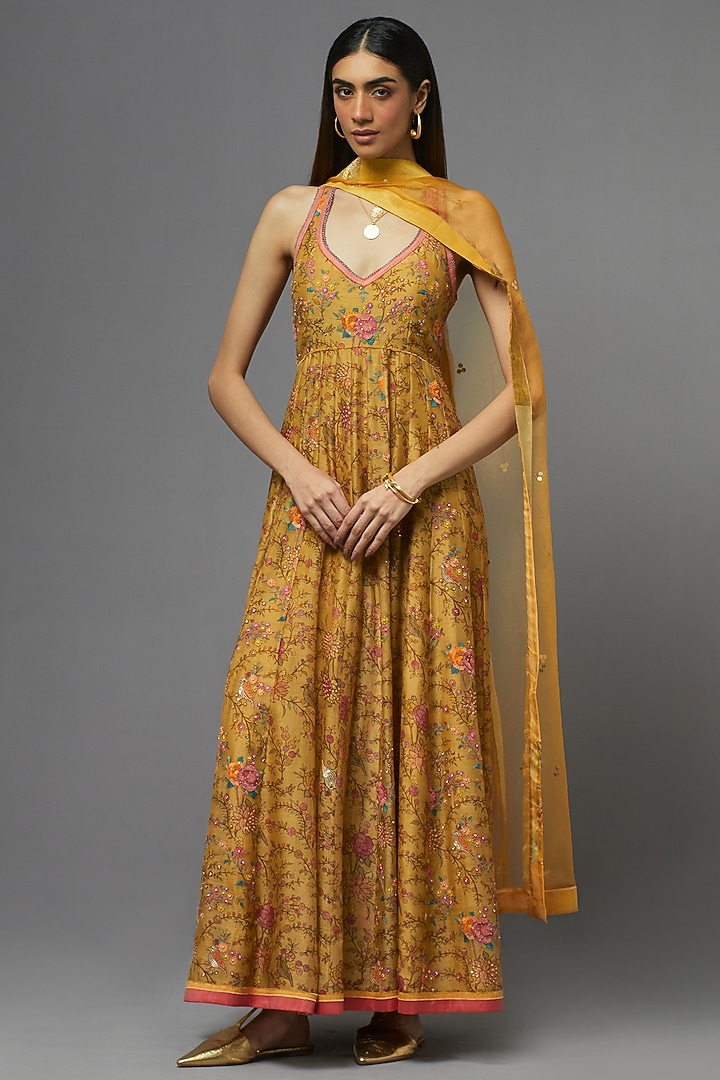 Yellow Silk Printed Kalidar Wedding Anarkali Set by aum ashima & asit at Pernia's Pop Up Shop